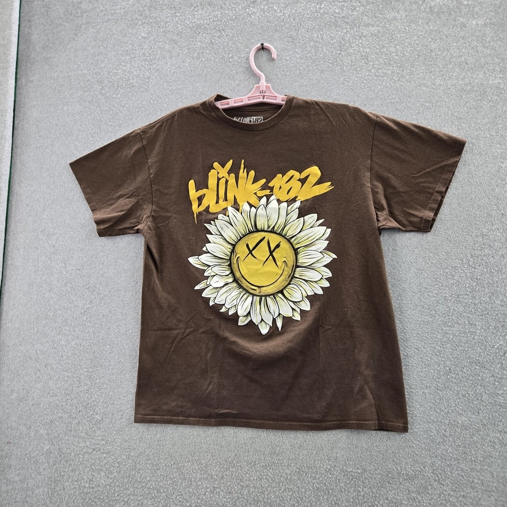 Blink-182 Men Shirt L Brown Graphic‎ Print Sunflower Smiley Face Short Sleeve